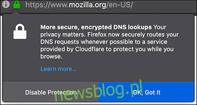 Firefox zaszyfrowane wyszukiwania DNS przez alert Cloudflare.