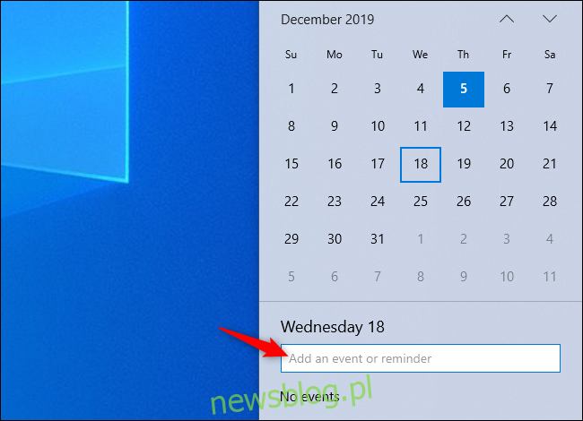 Dodawanie wydarzenia do kalendarza z poziomu panelu zegara paska zadań systemu Windows 10.