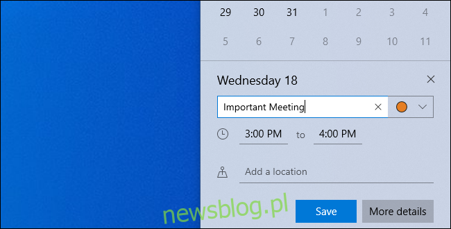 Edycja szczegółów wydarzenia podczas dodawania go do panelu zegara systemu Windows 10.