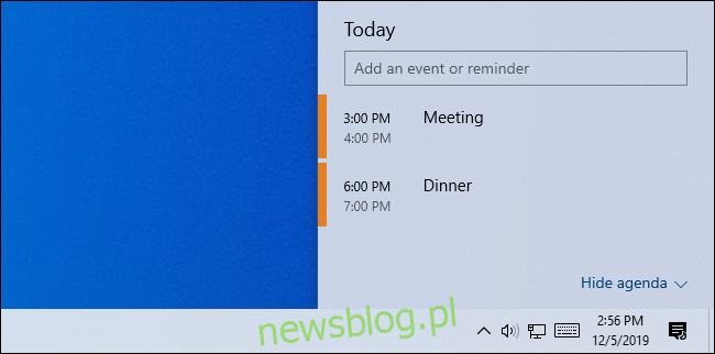 Wydarzenia kalendarza w wyskakującym okienku kalendarza systemu Windows 10.