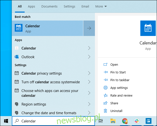 Uruchamianie aplikacji Kalendarz systemu Windows 10 z menu Start.