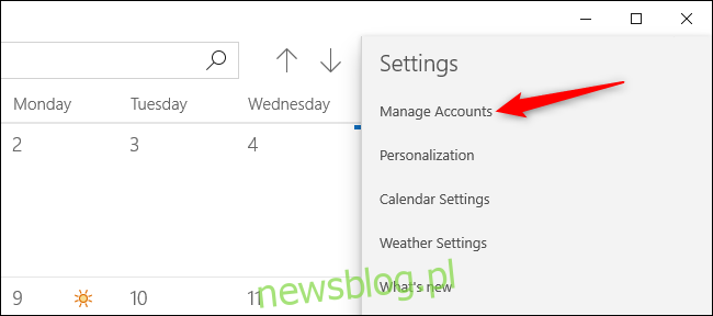 Zarządzanie kontami w aplikacji Kalendarz systemu Windows 10.