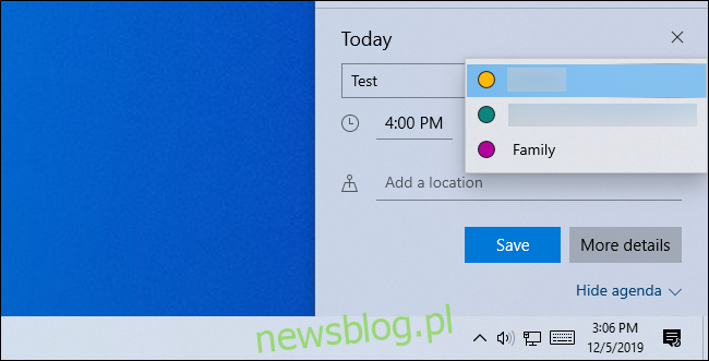 Wybieranie kalendarza Google na wydarzenie w wyskakującym okienku zegara systemu Windows 10.