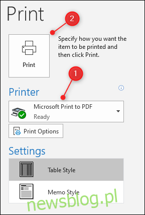 Opcje drukowania programu Outlook z podświetlonymi przyciskami Wybór drukarki i Drukuj.
