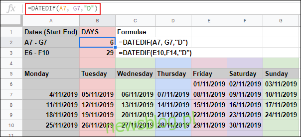 Funkcja DATEDIF w Arkuszach Google obliczająca liczbę dni między dwiema datami przy użyciu dwóch oddzielnych odwołań do komórek