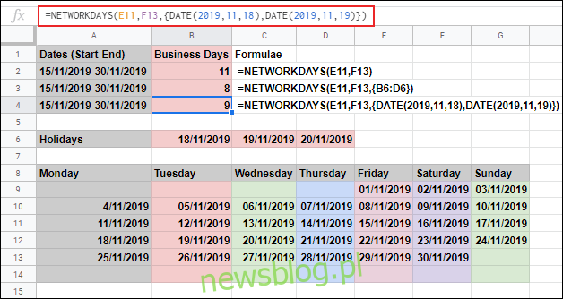 Funkcja NETWORKDAYS w Arkuszach Google, która oblicza dni robocze między dwiema datami i ignoruje sobotę i niedzielę, z wyłączeniem dodatkowych dni świątecznych