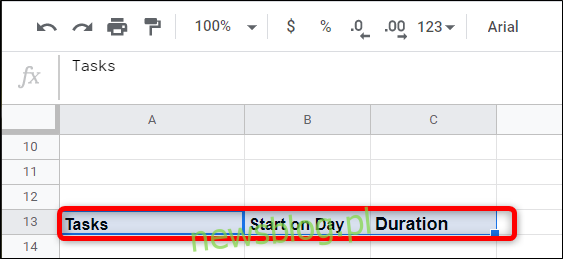 Utwórz kolejną tabelę pod poprzednią z tymi trzema nagłówkami: Zadania, Rozpocznij w dniu i Czas trwania.