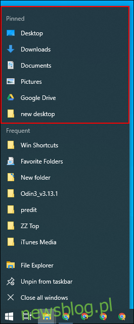 Lista przeskoków paska zadań w Eksploratorze plików systemu Windows.