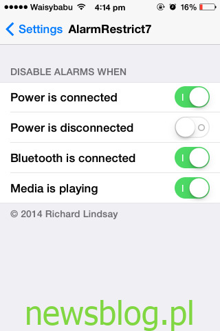 alarmrestrict7 wyłącz odtwarzanie multimediów alarmowych, odtwarzanie podłączonego zasilania Bluetooth odłączone