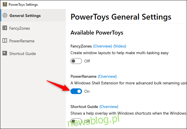 Włączanie rozszerzenia powłoki PowerRename Windows w ustawieniach PowerToys.