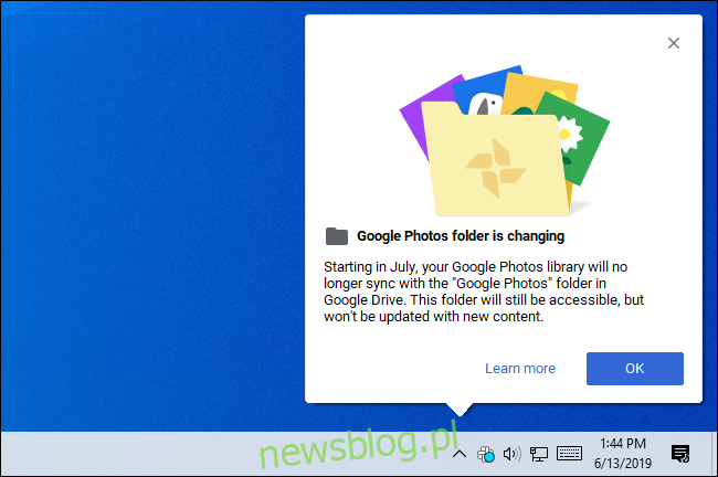 Folder Zdjęcia Google zmienia wiadomość z Kopii zapasowej i synchronizacji Google