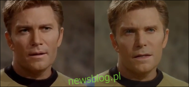 Scena ze Star Trek z kapitanem Kirkiem granym przez Vica Mignognę.  Fani stworzyli deepfake tej sceny, w której twarz Williama Shatnera nakłada się na twarz Vica.  Jak na ironię, twarz Vica wygląda na głęboko udawaną.
