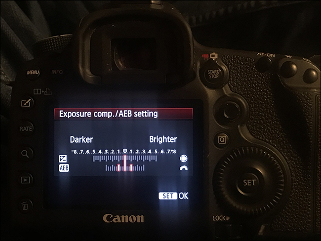Wyświetlacz Canon 5D Mark III pokazujący ustawienia kompensacji ekspozycji