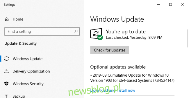 Windows Update pokazujący opcjonalną aktualizację.