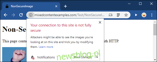 Ostrzeżenie Chrome o obrazach o mieszanej zawartości.