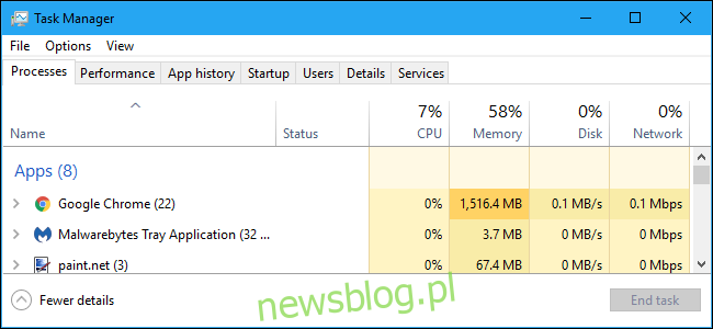 Zrzut ekranu oprogramowania Menedżera zadań systemu Windows