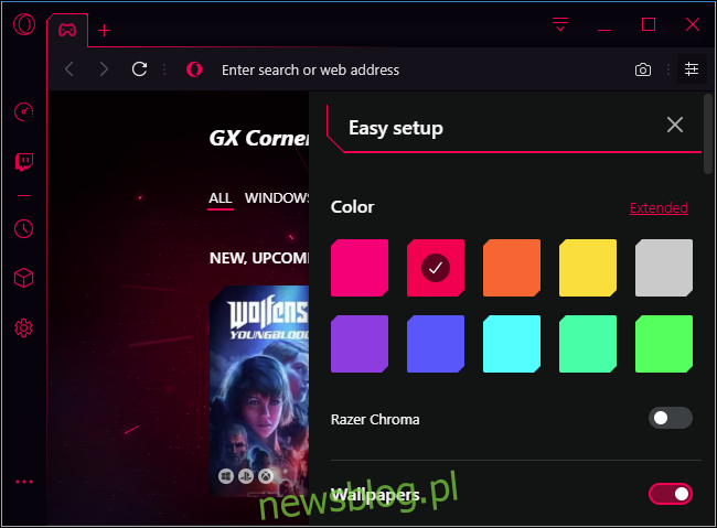 Opcje kolorów Opera GX i Razer Chroma
