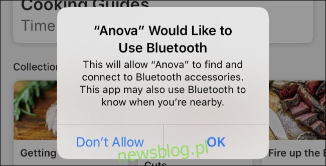 Ogólny komunikat z prośbą o pozwolenie na Bluetooth w aplikacji Anova w systemie iOS 13.