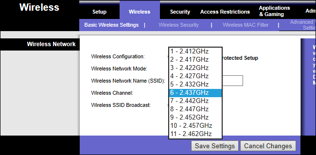 Strona ustawień routera Wi-Fi pokazująca kanały 2,4 GHz