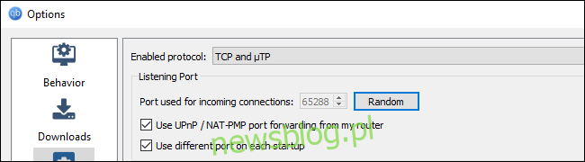 Losowe opcje portów w kliencie qBittorrent BitTorrent.