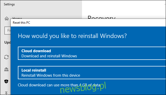 Opcja pobierania w chmurze do resetowania (lub ponownej instalacji) systemu Windows 10.