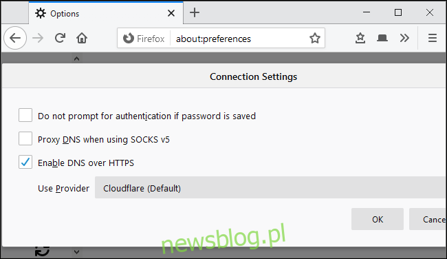 Włączanie DNS przez HTTPS w ustawieniach sieciowych Mozilla Firefox.