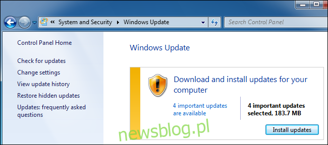 Windows Update w Panelu sterowania w systemie Windows 7.