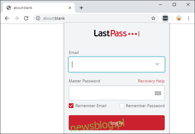 Logowanie się do rozszerzenia przeglądarki LastPass w Chrome.