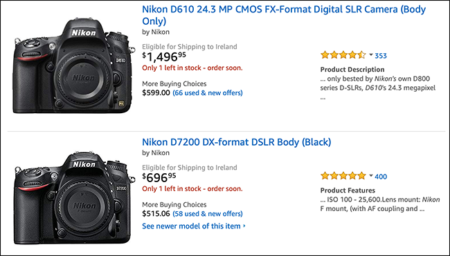 Lista Amazon przedstawiająca korpusy aparatów Nikon