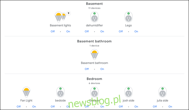 Google Home pokazuje inteligentne urządzenia w piwnicy i sypialni.