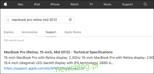 Dane techniczne MacBooka Pro w witrynie Apple.com.