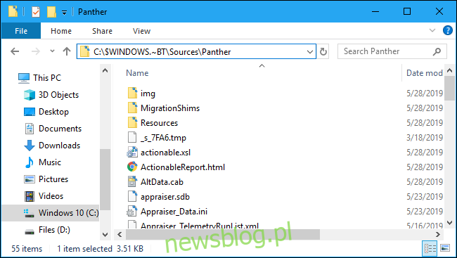 Dziennik komunikatów o błędach instalacji systemu Windows 10 Folder Panther