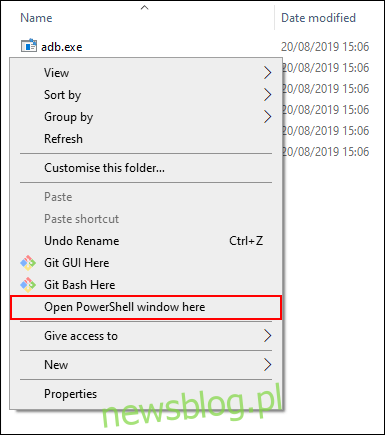 W folderze Android SDK przytrzymaj klawisz Shift i kliknij prawym przyciskiem myszy, wybierając tutaj Otwórz okno Powershell