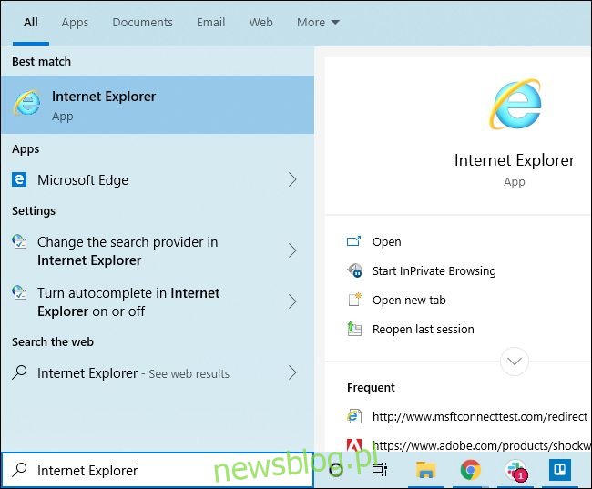 Uruchamianie Internet Explorera z menu Start systemu Windows 10.