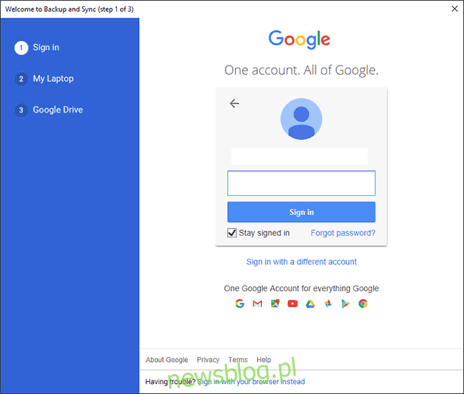 Zaloguj się na swoje konto Google na pierwszym etapie konfiguracji Kopii zapasowej i synchronizacji Google