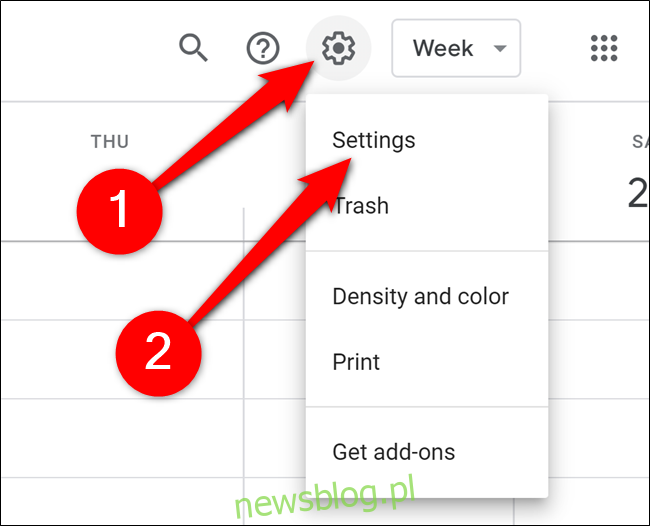 Kalendarz Google Kliknij ikonę koła zębatego i ustawienia