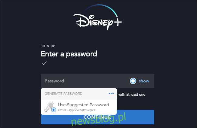 Generowanie silnego hasła dla Disney + za pomocą menedżera haseł 1Password X w Google Chrome.