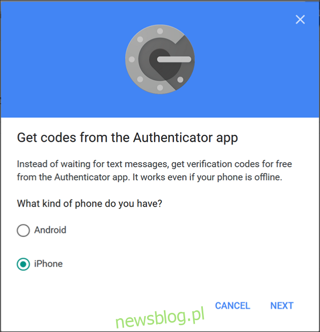 Ekran Google Authenticator, na którym wybierasz 