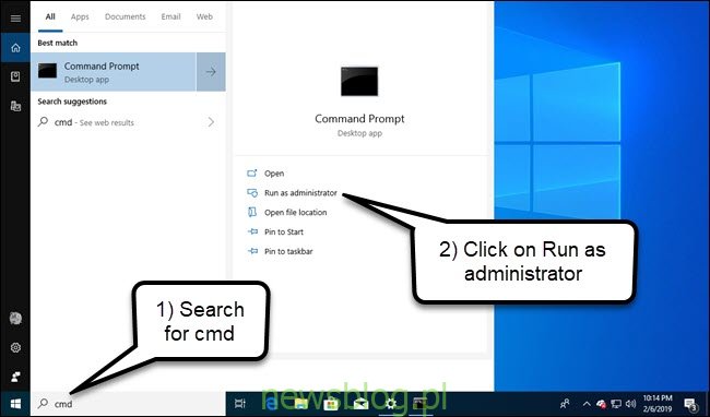 Wyszukiwanie w systemie Windows wiersza poleceń z zaznaczoną opcją Uruchom jako administrator