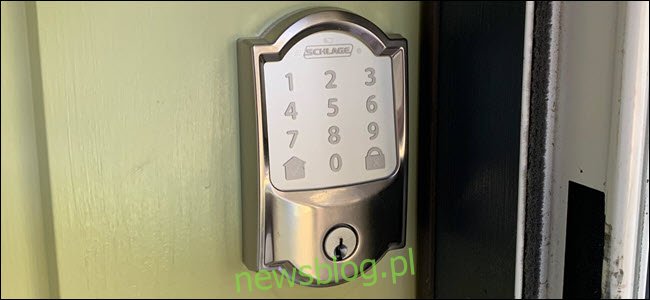 Zamek Schlage Encode Wi-Fi na zielonych drzwiach.