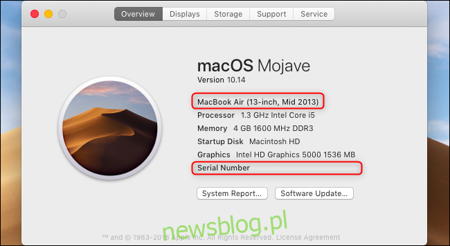 Numer modelu i numer seryjny MacBooka wyświetlane w oknie About This Mac.