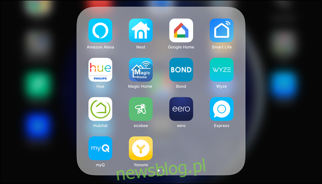 Folder iOS zawierający 14 aplikacji smarthome.