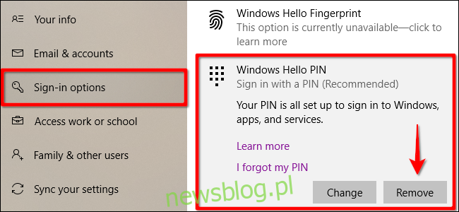 Usuń kod PIN Windows Hello