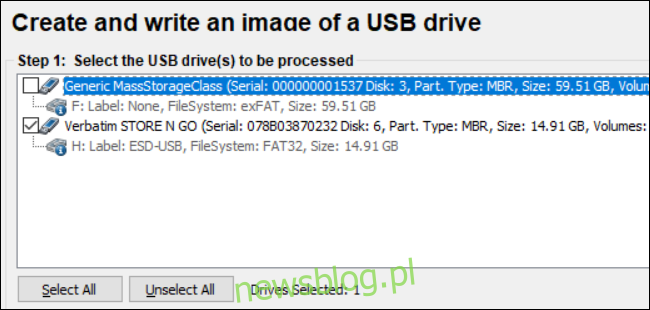 Wybierz napęd USB, aby utworzyć obraz