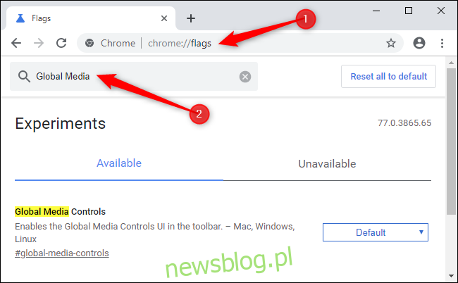 Włączanie globalnej kontroli multimediów w Google Chrome.