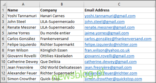 Lista kontaktów w programie Excel