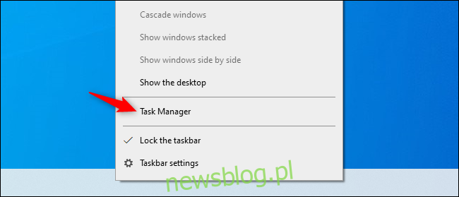 Opcja Menedżera zadań w menu kontekstowym paska zadań w systemie Windows 10