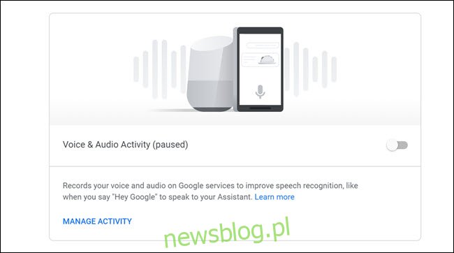 Panel aktywności Google Voice and Audio z możliwością wyłączenia.