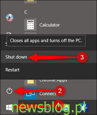 Kliknij przycisk Start, a następnie przycisk zasilania, a następnie przytrzymaj klawisz Shift, klikając opcję Zamknij