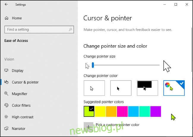 Niestandardowy wybór koloru wskaźnika myszy w aplikacji Ustawienia systemu Windows 10 z zaznaczonym zielonym kursorem.